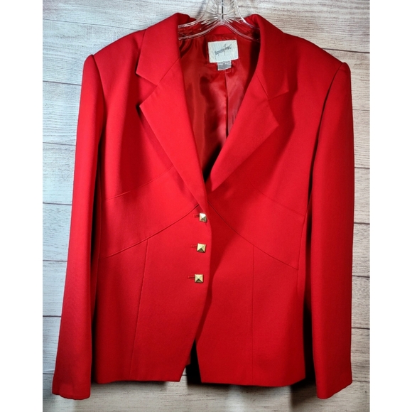 Jacqueline Ferrar Womens Red Blazer Skirt Suit Size 16 Gold Buttons Grandmacore - Picture 5 of 16
